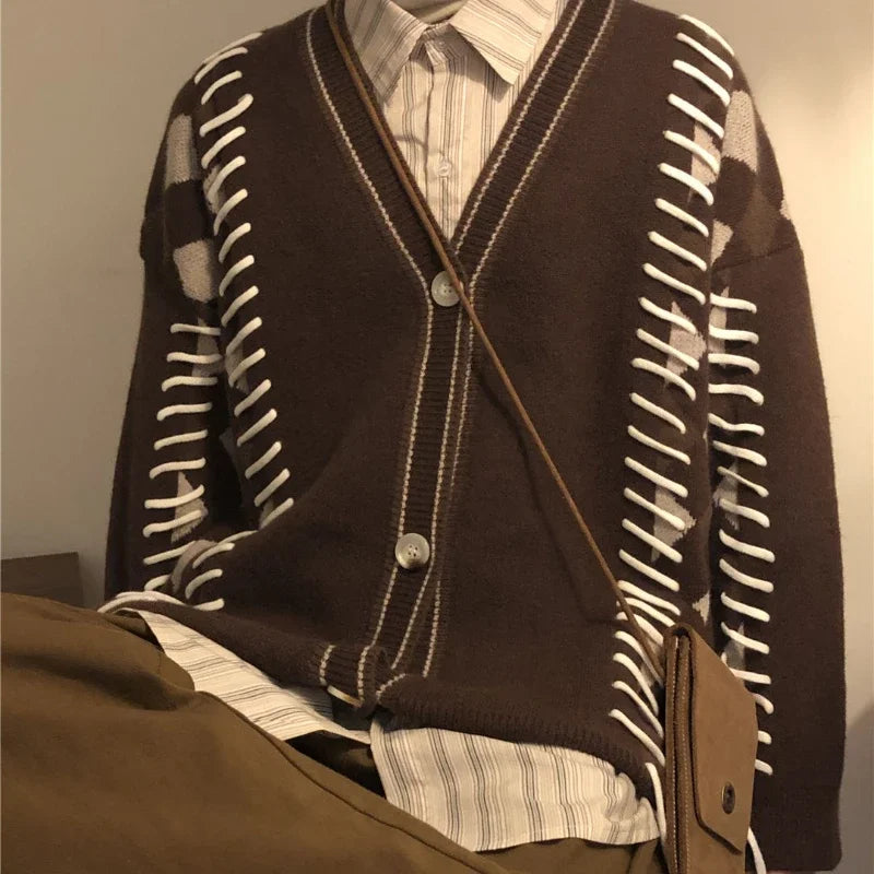 Men Casual Sweater Set Vintage Checkerboard Cardigan+Striped Long Sleeved Shirt+Trendy Wide Leg Pants 3-piece Street Couple Suit