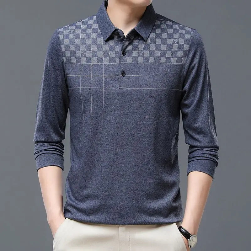 Autumn and Winter Men's 2024 Turndown Collar Spliced Print Button Fashion Versatile Business Casual Long Sleeved T-shirt Polo