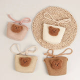 Cute Kids Shoulder Bag Summer Straw Woven Handmade Bags Mini Baby Girls Coin Purse Cartoon Bear Toddler Crossbody Bag