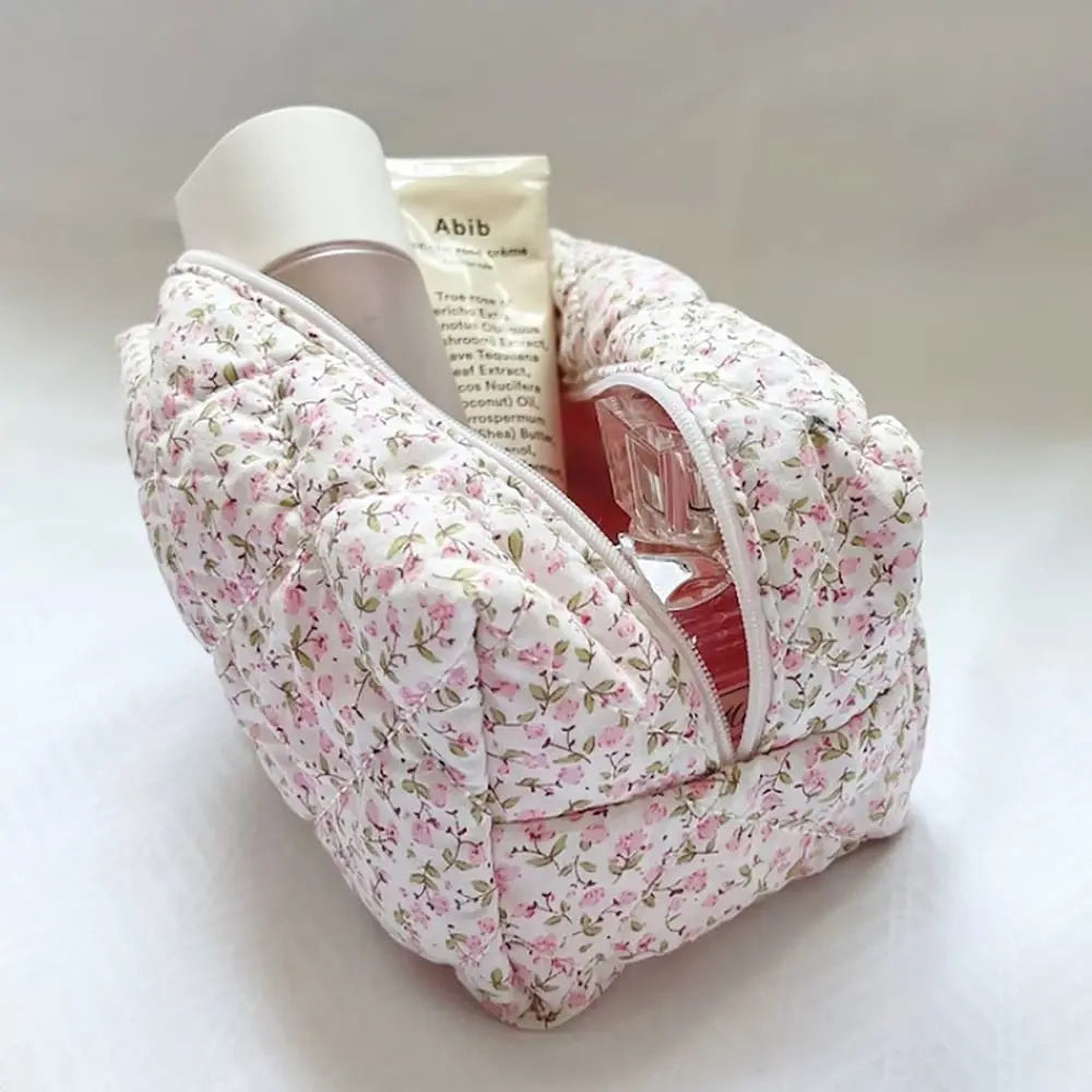 1PC Flower Printed Puffy Quilted Zipper Makeup Bag Storage Organizer Toiletry Handbag Cosmetic Pouch Large Travel Cosmetic Bag