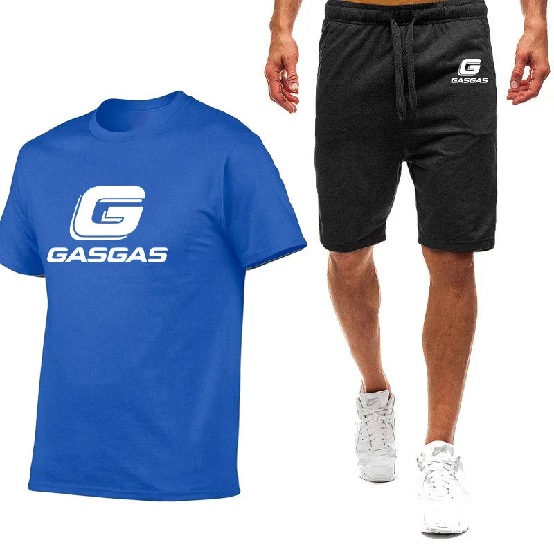 Motorcycles GasGas Summer Men's Sportswear Shorts Set Short Sleeve Breathable Grid T-Shirt Shorts Casualwear Basketball Training