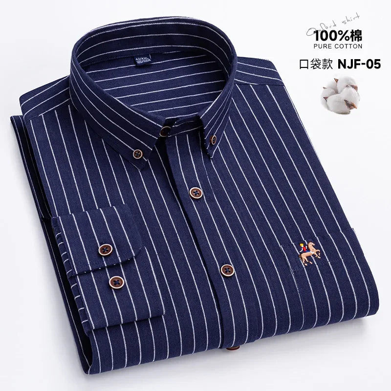 M~6XL Men's Shirt Long Sleeve Cotton Oxford Fashion Casual One Pocket Regular Fit Striped Business Formal Shirt