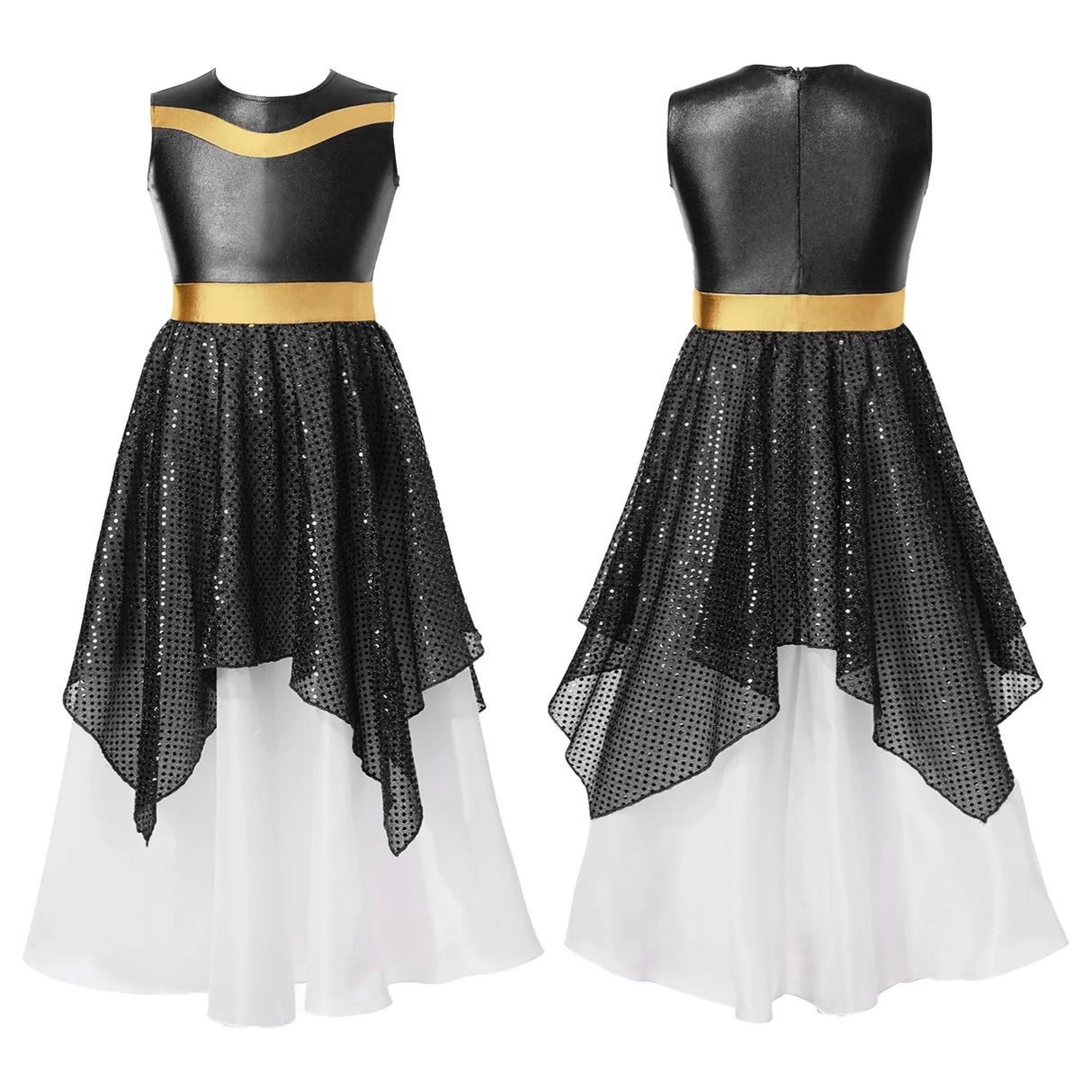 Kids Girls Praise Lyrical Modern Dance Dress Sleeveless Metallic Bodice Shiny Sequin Gown Dancewear Church Worship Choir Costume