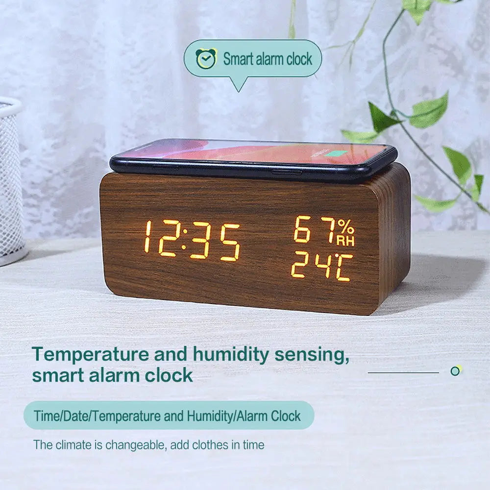 Wood Grain Digital Alarm Clock With Wireless Charging Home LED With Temperature And Humidity Display Clock Small Alarm Clock