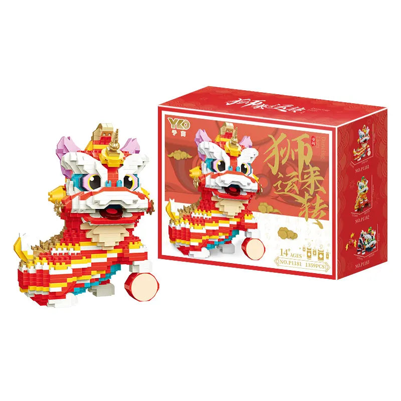 Chinese Lion Dance Building Blocks Mascot Assemble Small Particle Model Bricks Children's Puzzle Toy Creative Christmas's Gifts