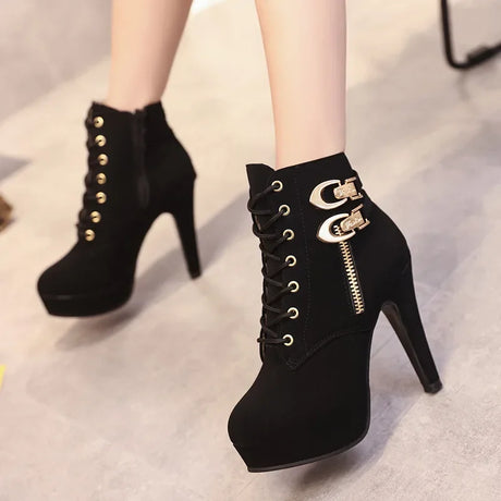 2023 Plus Size 35-43 Platform Boots Autumn Winter Women Boots High Quality Solid Lace-up Ladies Shoes PU Leather Heels Women