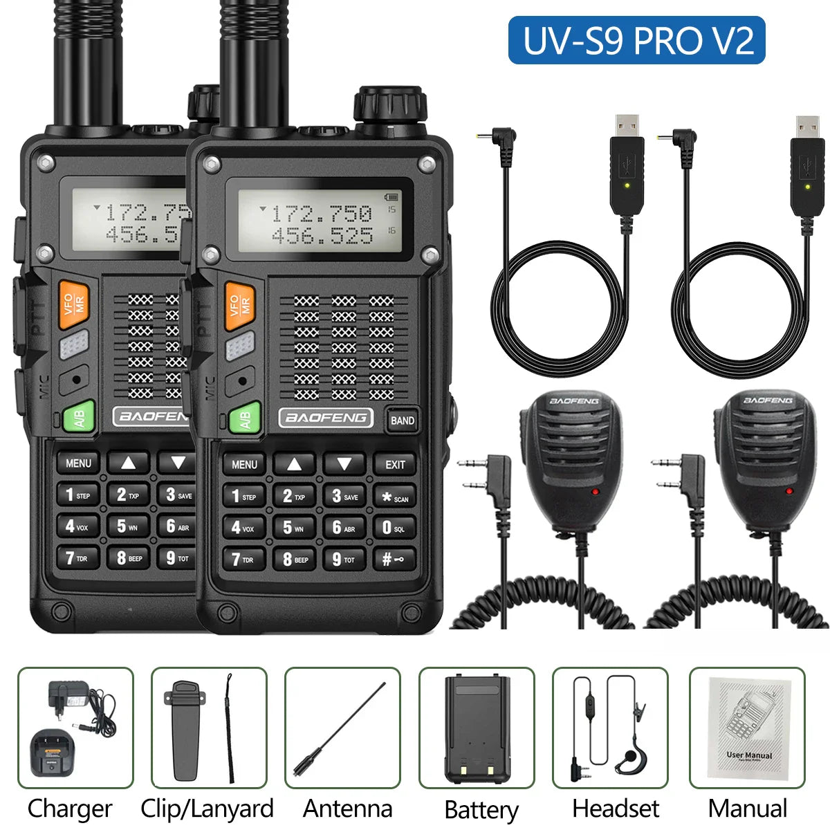 2PCS BaoFeng UV-S9 Pro V2 Walkie Talkie 10KM Long Range Transceiver Communicator Waterproof 10W Powerful UHF VHF Two Way Radio