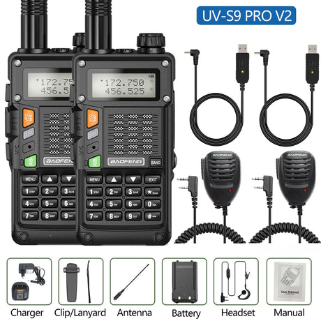 2PCS BaoFeng UV-S9 Pro V2 Walkie Talkie 10KM Long Range Transceiver Communicator Waterproof 10W Powerful UHF VHF Two Way Radio