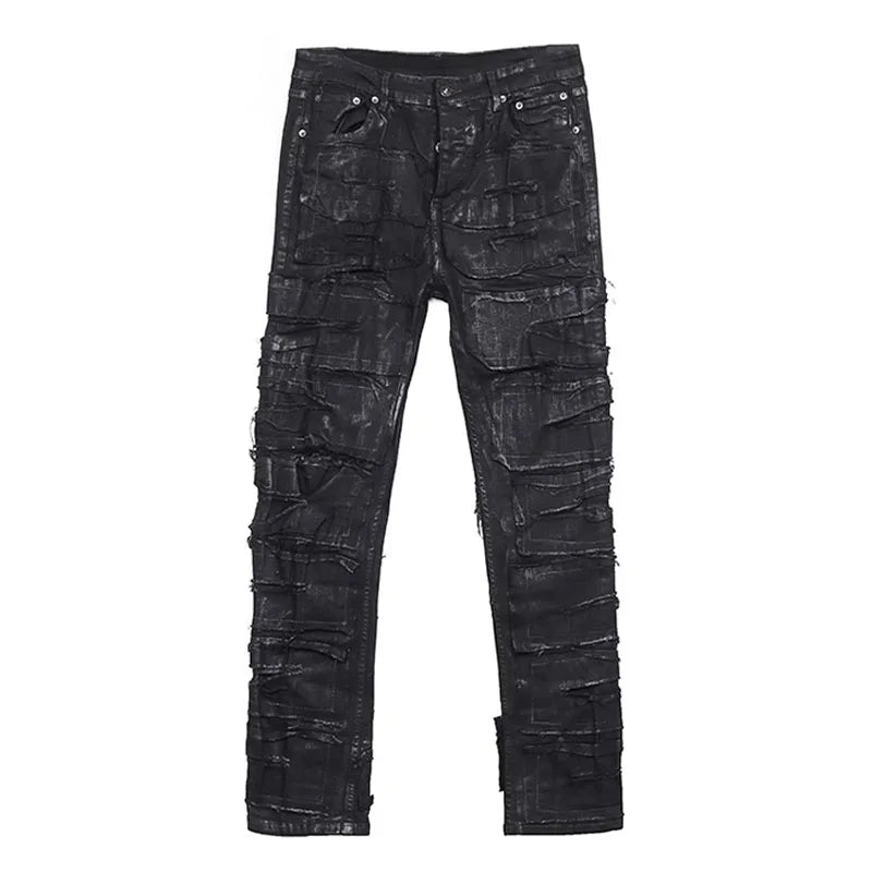 Dark Coating Wax Brushing Erosion Hole Jeans Men Ripped Casual Denim Pants Street Hip Hop Black Jeans Trousers Men