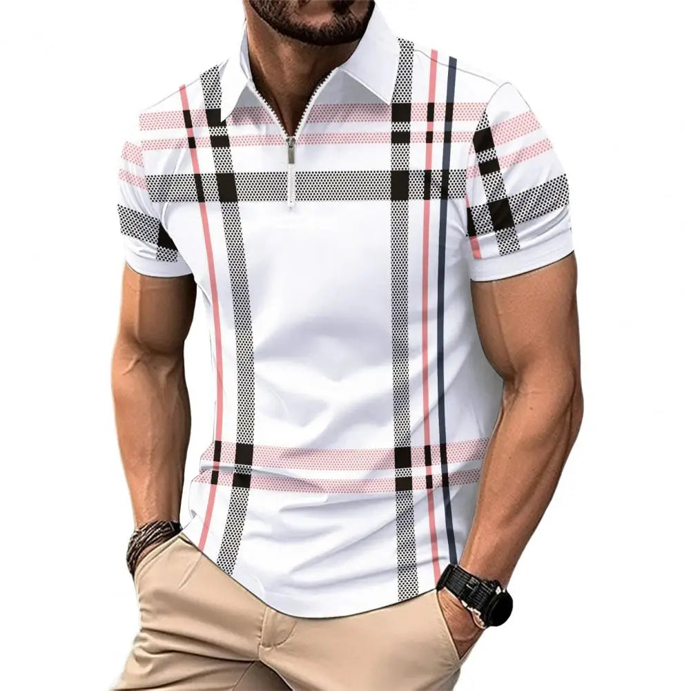 Men Business Shirt Stylish Men's Plaid Striped Shirt with Zipper Lapel Detail Slim Fit Short Sleeve Business Top for Summer Soft