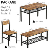 4 Pieces Dining Table Set, Industrial Dining Table with Bench and Chairs for 4, Metal Frame, Kitchen Table Set with Storage Rack