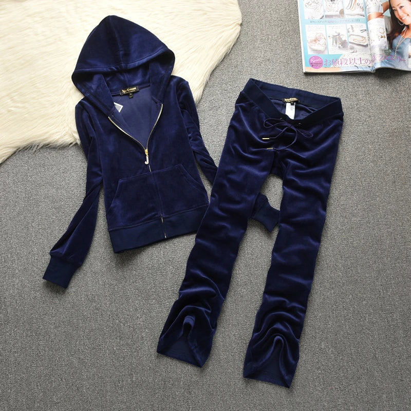 Spring / Fall Women'S Brand Velvet Fabric Tracksuits Velour Suit Women Track Suit Hoodies And Flare Pants