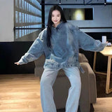 Spring Autumn Women Jacket Vintage Denim Hoodie Sweatshirts Long Sleeve Harajuku Y2k Pullover Denim Streetwear Hip Hop Outerwear