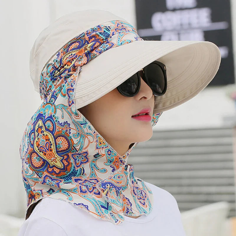 Fashion Women Summer Outdoor Riding Anti-UV Sun Hat Beach Foldable Sunscreen Floral Print Caps Neck Face Wide Brim Hat