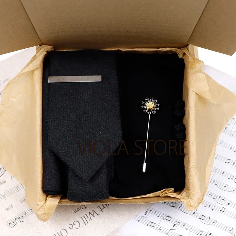 Viola Design 5PCS Gift Box Solid Cotton Sock Tie Sets Clip Pin Cufflinks Hanky Colorful Men Wedding Party Daily Cravat Accessory