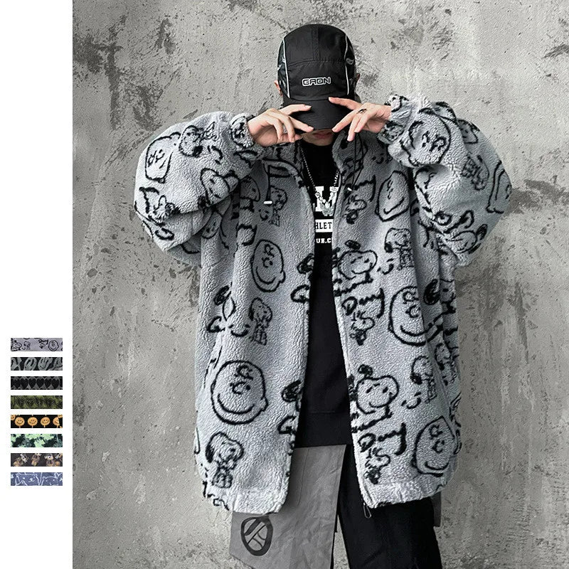 SEVEYFAN Men's Jacket Hip Hop Jackets Tie Dye New Casual Lamb Wool Parka Furry Coat Men Clothing Warm   Streetwear Coat