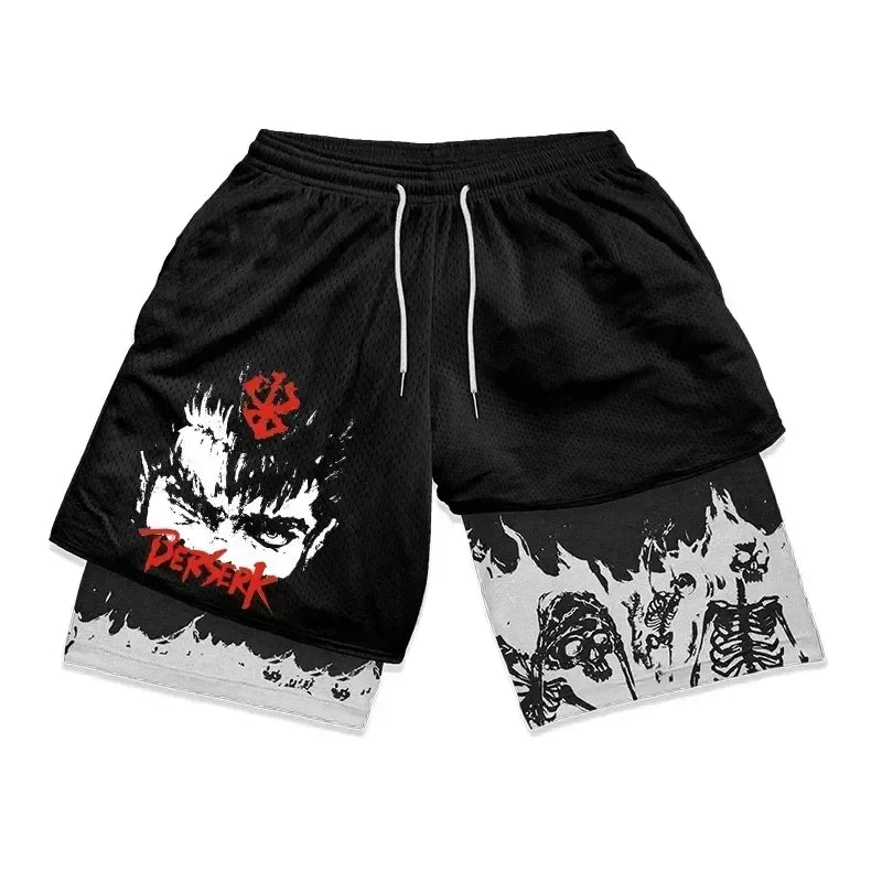 Anime Berserk 2 in 1 Gym Shorts for Men Active Athletic Compression Shorts 5 Inch Quick Dry Stretchy Training Fitness Workout