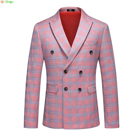 Red Striped Plaid Suit Jacket Men's Double Breasted V-Neck Dress Coat Fashion Slim Fit Blazer Wedding Party Tops M-5XL 6XL