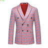 Red Striped Plaid Suit Jacket Men's Double Breasted V-Neck Dress Coat Fashion Slim Fit Blazer Wedding Party Tops M-5XL 6XL