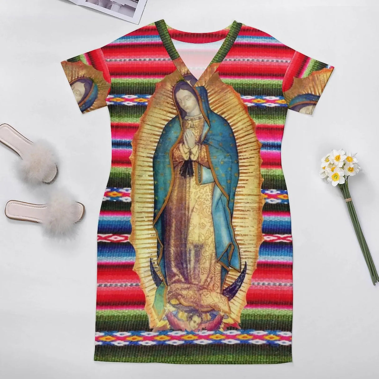 Virgin Mary Catholic Dress Short Sleeve Our Lady of Guadalupe Street Style Dresses Holiday Kawaii Casual Dress Plus Size Clothes