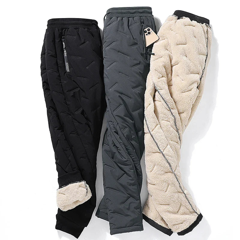 Winter Zip Pockets Thicken Fleece Sweatpants Men Jogger Black  Down Sport Warm Pants Male Water Proof Thermal Trousers