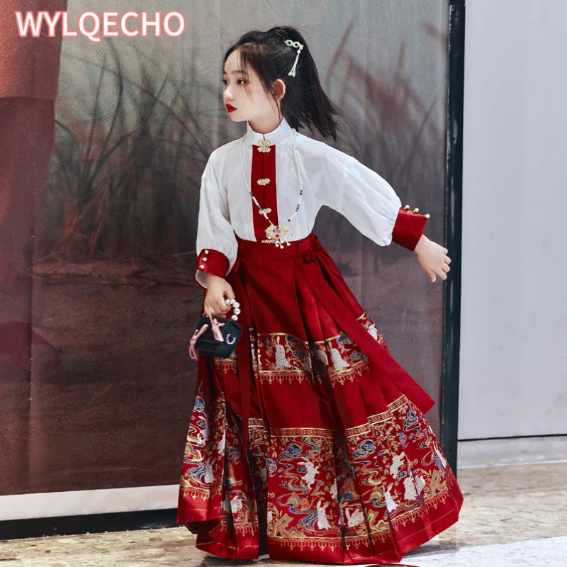 2024 NEW Summer Chinese Hanfu Dress For Girls Traditional Embroidery Horse-face Skirt For Kids Princess Hanbok