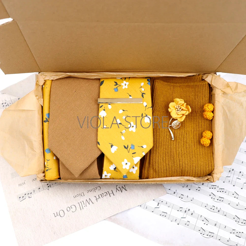 Viola Design 7 PCS Gift Box Cotton Sock Tie Sets Clip Pin Cufflinks Hanky Solid Floral Men Wedding Party Daily Cravat Accessory