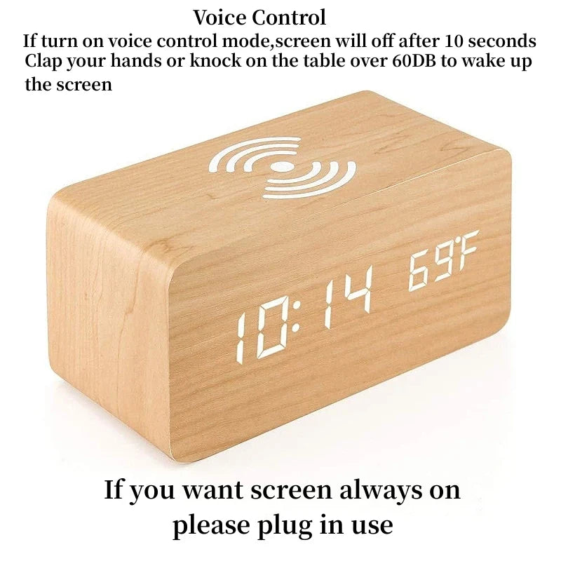 Voice Control Wooden Digital Alarm Clock Wireless Charging Temperature Date Night Mode Table Clock 3 Alarm 12/24H LED Clock