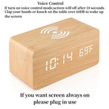 Voice Control Wooden Digital Alarm Clock Wireless Charging Temperature Date Night Mode Table Clock 3 Alarm 12/24H LED Clock