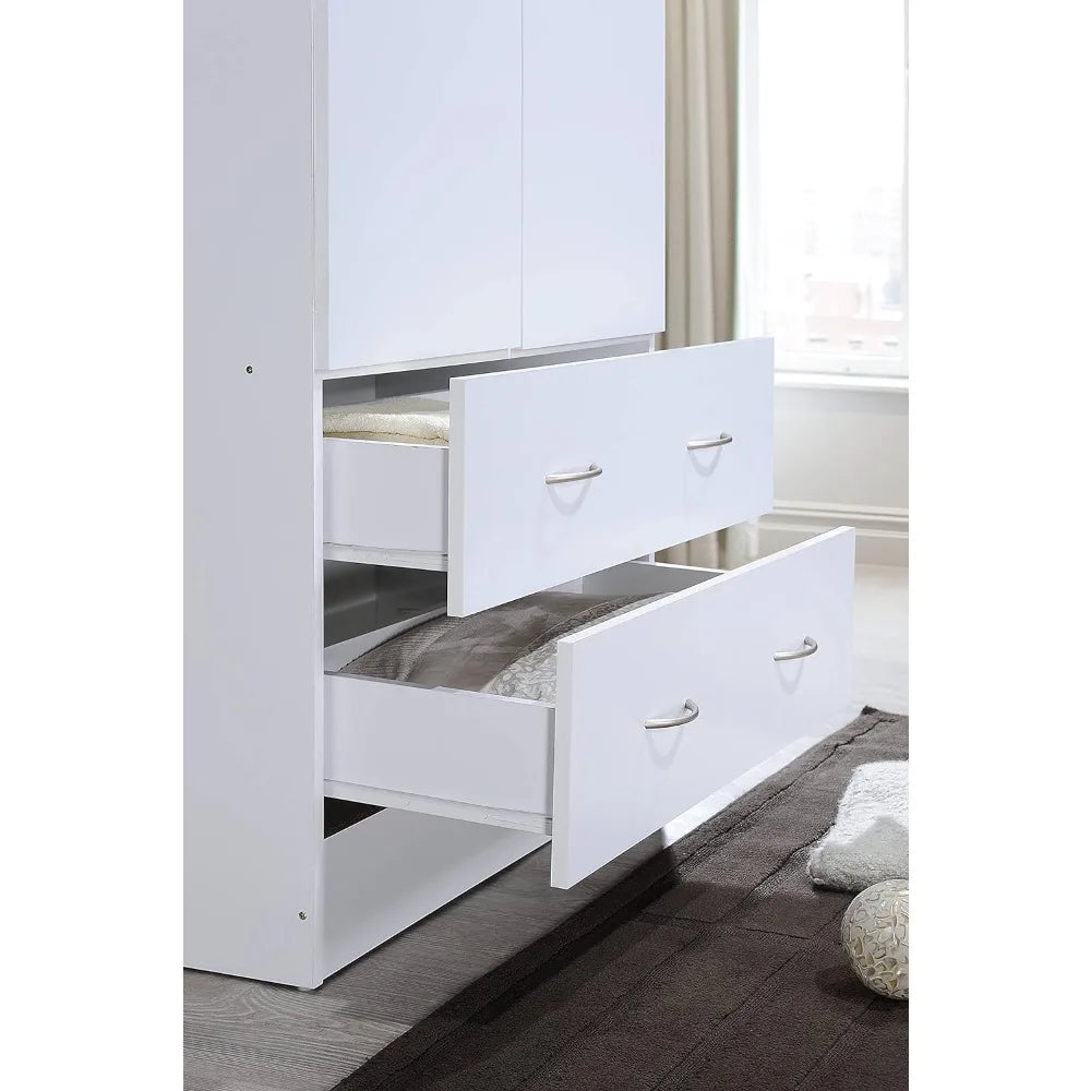 wooden wardrobe bedroom closet, Cabinet equipped with clothes drying rod and 2 storage drawers, White wardrobe