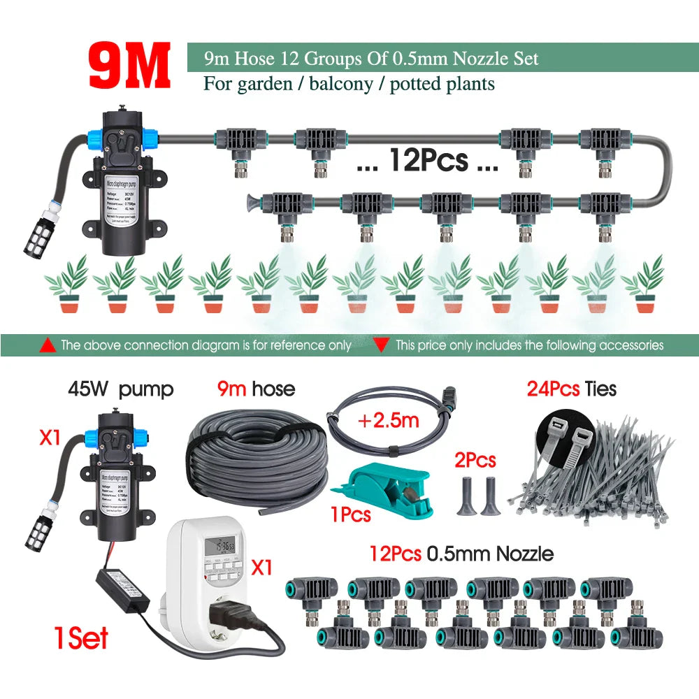 0.5MM Adjustable Spray Nozzle Automatic Irrigation Equipment 45W Pump Timer Fogging Kit for Garden Plants Misting Cooling System