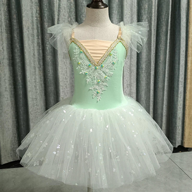 2023 New Ballerina Fairy Prom Party Costume Kids Blue Sequined Flower Dress Girls Dance Wear Gymnastic Ballet Leotard Tutu Dress