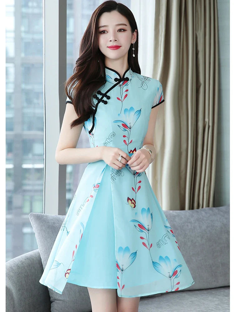 2023 Summer New Modern Improved Cheongsam Chiffon Printing Vintage Traditional Chinese Style Slim Qipao Dress