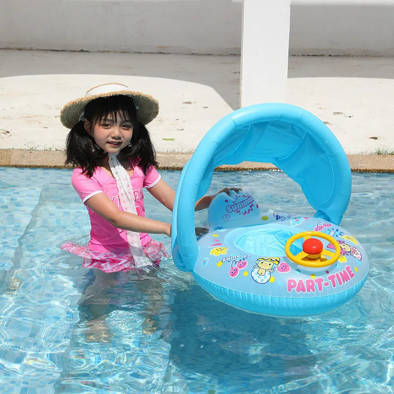 Cartoon Inflatable Baby Swim Ring Seat Floating Sunshade Toddler Swim Circle Bathtub Swimming Pool Beach Party Outdoor Water Toy