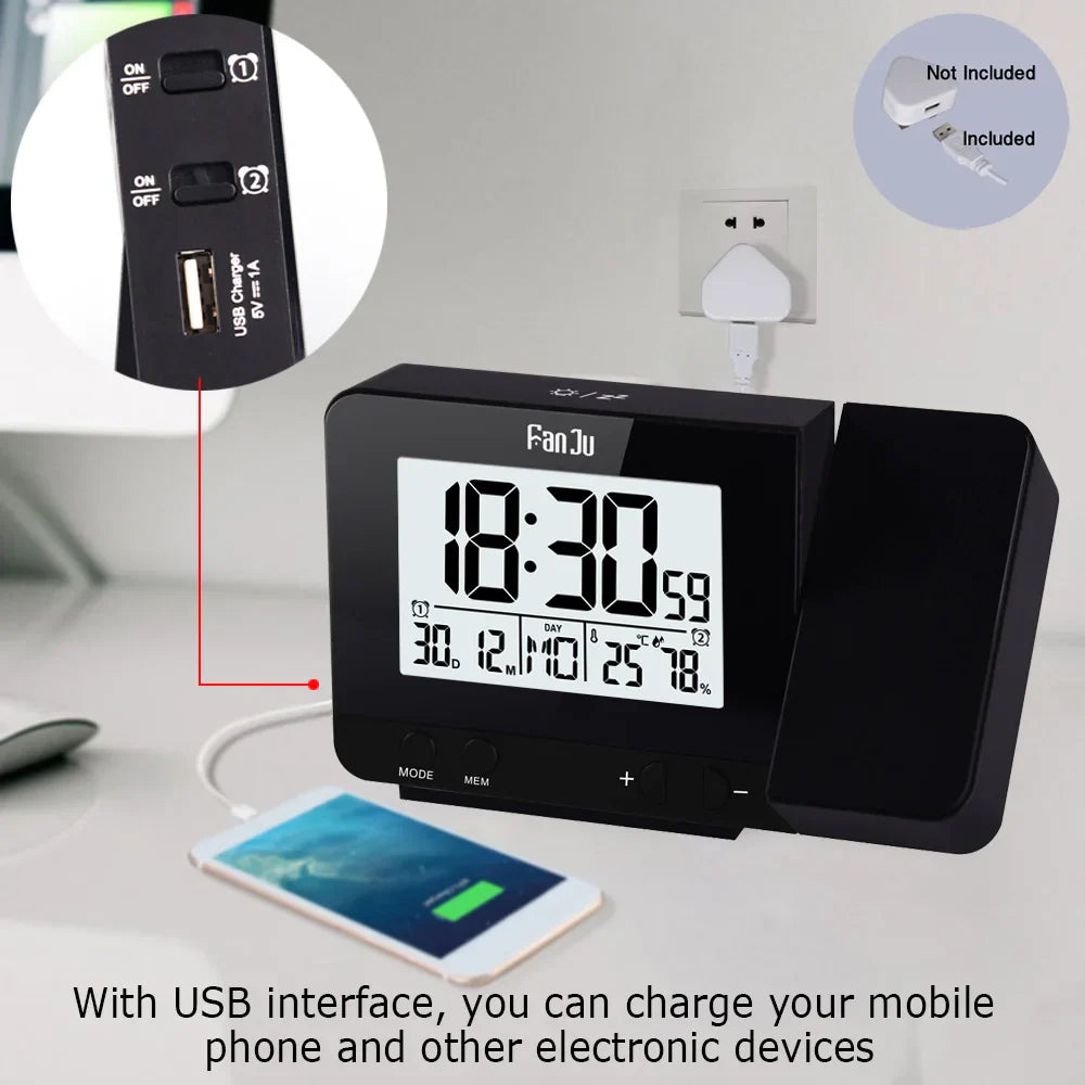 FanJu FJ3531 Alarm Clock Digital Date Snooze Function Backlight Watch Wall Projector Desk Table Led Clock With Time Projection