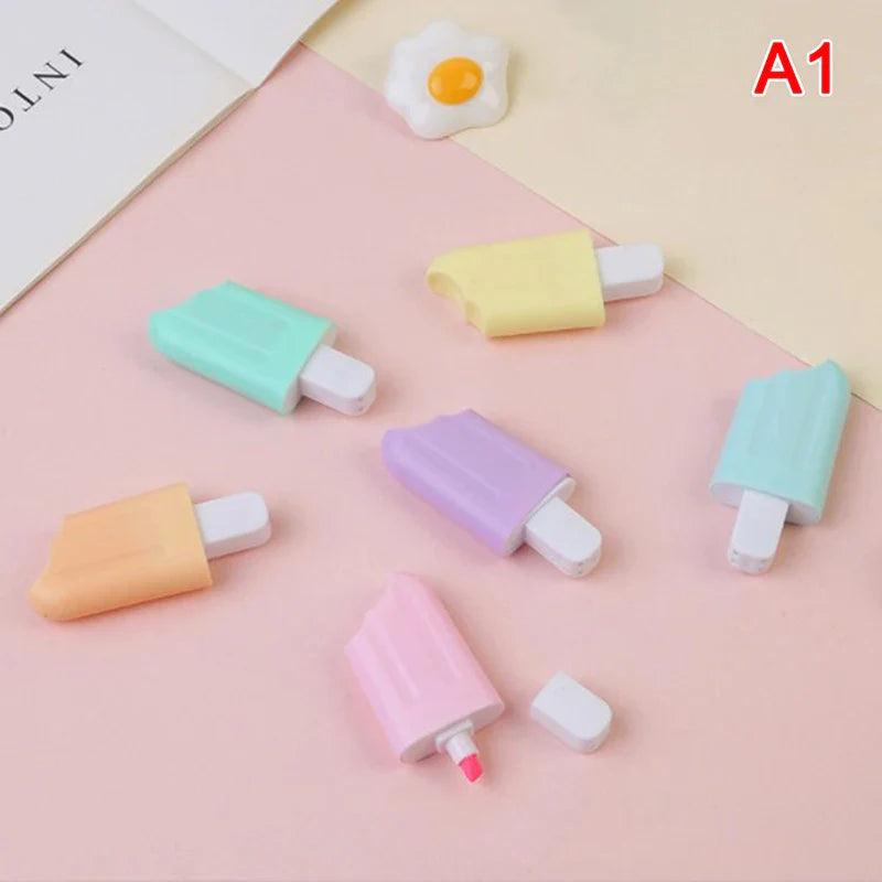 6Pcs/Lot Cute Cartoon Cat Highlighters School Office Stationery Students Drawing Supplies Kawaii Ice Cream Mini Paint Marker Pen
