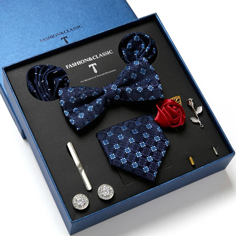 Holiday Gift Box Tie For Men 7.5 cmTie Hanky Pocket Squares Cufflink Set Bow Tie Clip Necktie Box Purple hombre Geometric Office