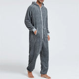 Men's Hooded Jumpsuit Pajamas Long Sleeve V Neck Zip Up Romper Pants Fall Winter Warm Loungewear Sleepwear