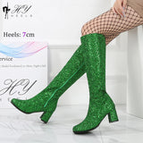 Shiny Glitter Knee High Costumes Boots 60s 70s Retro Go Go Boots 1960s Ladies Fancy Dress Party Dance Shoes Large Size EU36-46