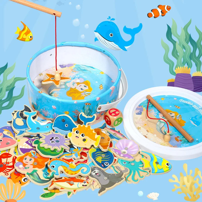 Wooden Magnetic Fishing Toys for Baby Cartoon Marine Life Cognition Fish Games Education Parent-Child Interactive