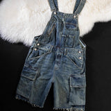 Men Denim Bib Overalls Shorts Summer Multi Pockets Cargo Jeans Casual Distressed Fringe Loose Coveralls Jumpsuits