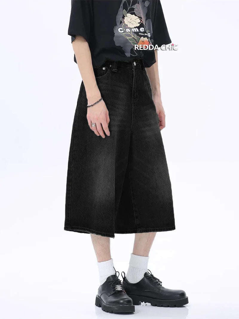 REDDACHIC Hiphop Men Whiskers Denim Shorts Baggy Jorts Retro Black Wash Brushed Loose Casual Wide Leg Short Pants Y2k Streetwear