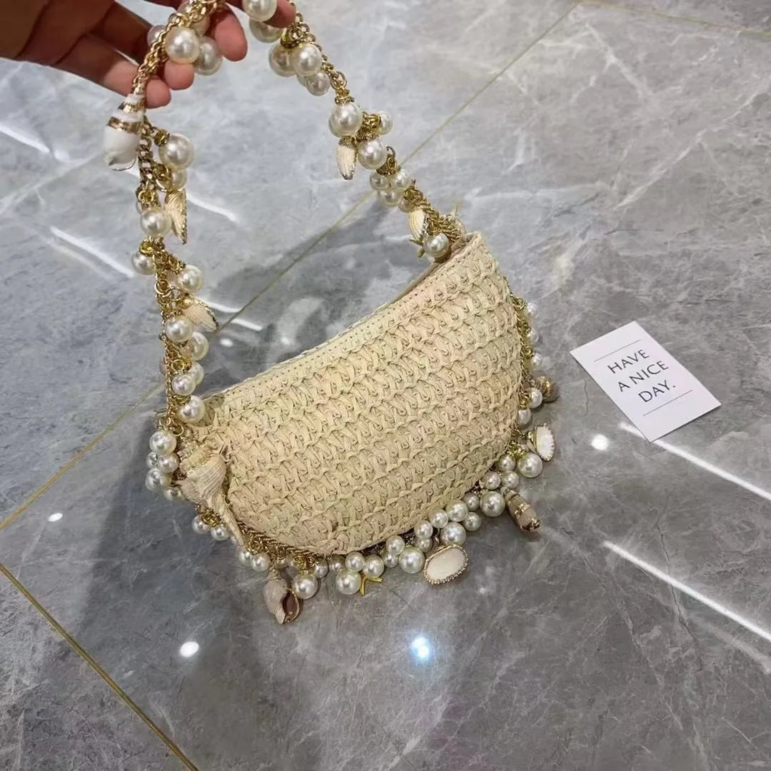 2023 New Straw Bags for Women DIY Shell Pearl Handmade Woven Ladies Handbags Bohemian Travel Beach Totes Clutch Bag Female