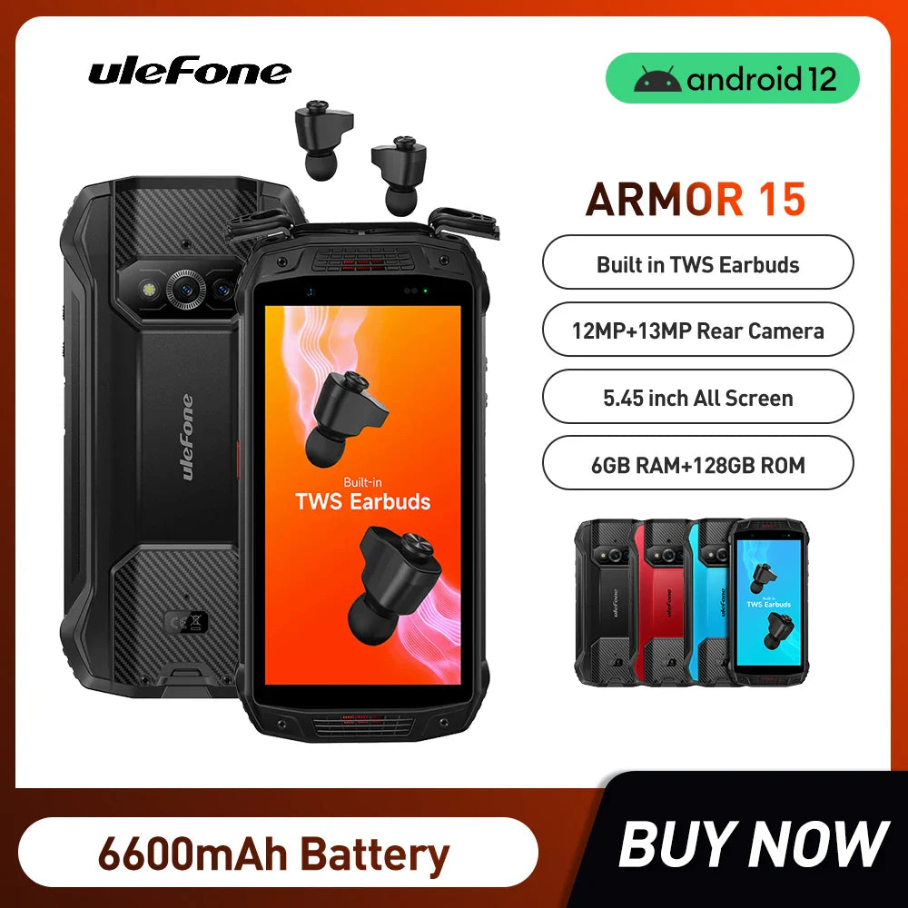 Ulefone Armor 15 Rugged Phone Android 12 Smartphone 6600mAh 128GB NFC 2.4G/5G WLAN Waterproof Mobile Phones Built-in TWS Earbuds