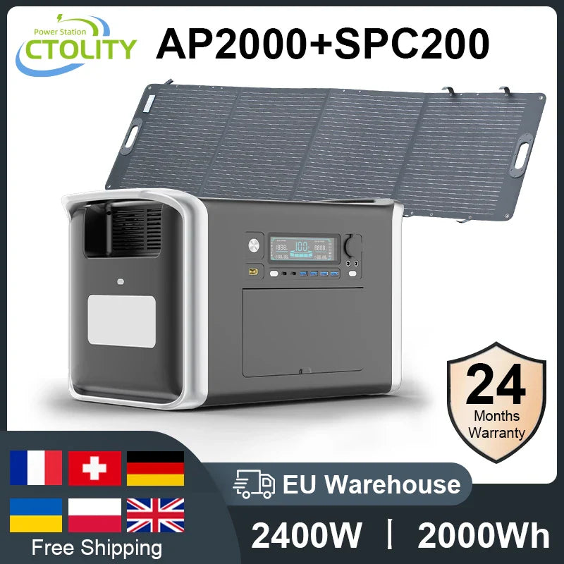 Camping Solar Generator Portable Power Station 2400W 1800W 1000W 600W,ETFE Flodable Solar Panel 100W 200W, LifePo4 Portable Back