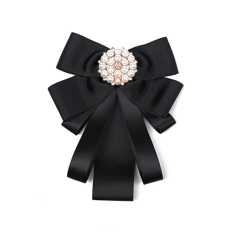 Korean Bow Tie Brooch Women's College Style Bank Suits Shirt Accessories Gifts Fabric Ribbon Crystal Pearl Collar Flowers Pins