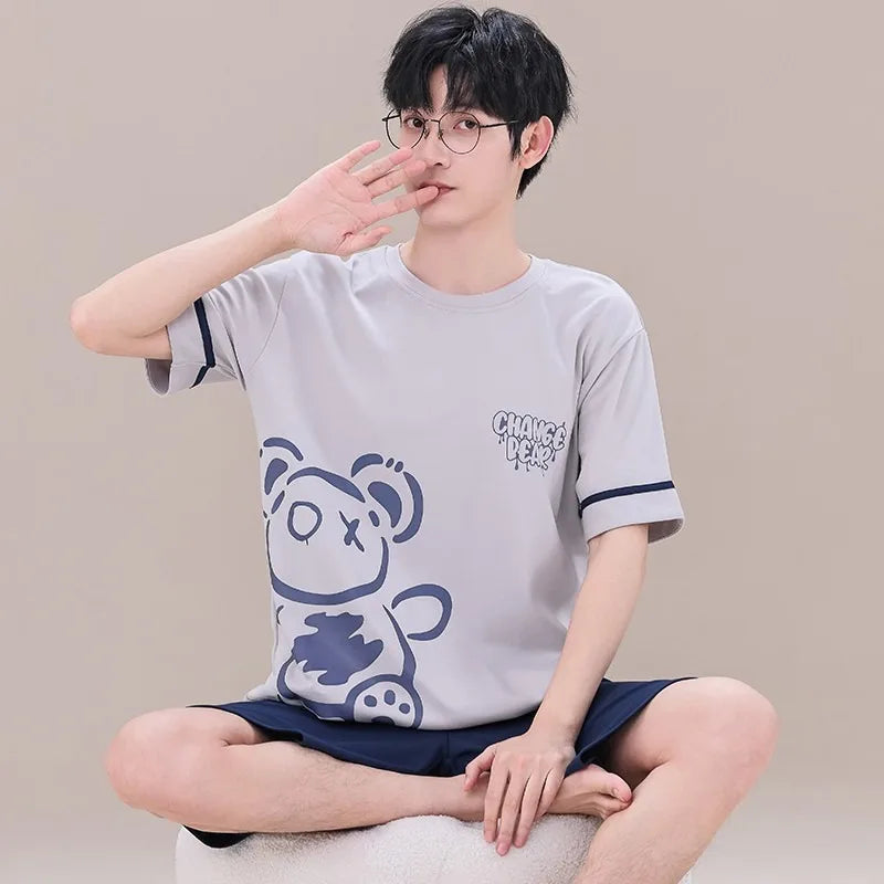 Cartoon Mens Nightwear Summer Comfortable Sleepwear Sleeping Tops Shorts 2 Pieces Pijamas Set Man Leisure Homewear Male Dropship