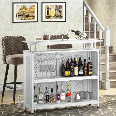 3 Tier Liquor Bar Table with Stemware Racks and Wine Storage Shelves, Wine Bar Cabinet Mini Bar for Home Kitchen Pub