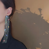 FYUAN Long Tassel Full Rhinestone Drop Earrings for Women Long Black Crystal Dangle Earrings Fashion Jewelry Accessories