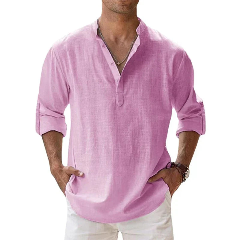 New Men's Cotton T Shirts Linen Casual Long Sleeve Button Down Shirt Loose Collar Solid Color Tops S-5XL